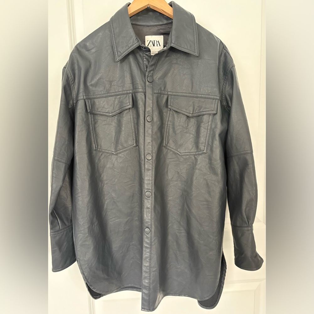 Zara Faux Leather Shacket/Overshirt, Dark Gray
